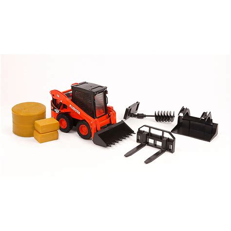 small kubota skid steer toy with man|toy skid steer with attachments.